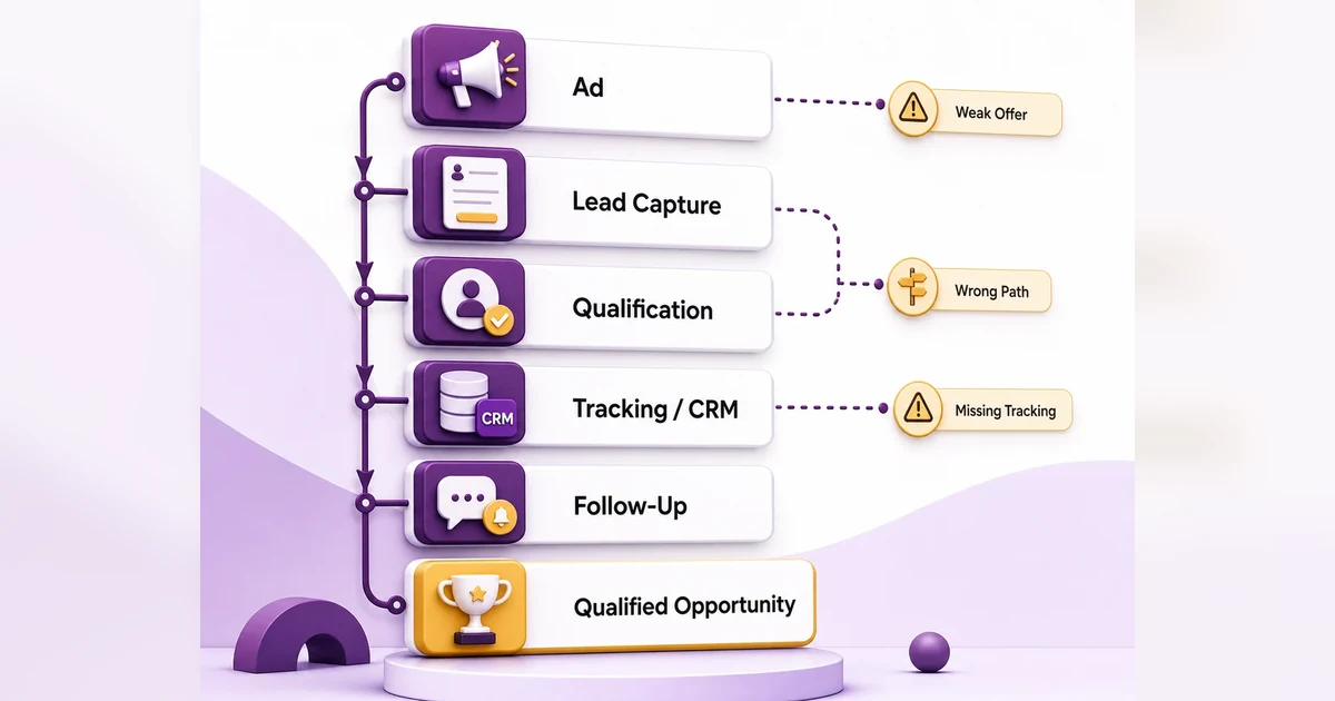 Meta Ads lead quality diagnostic flow from ad to qualified opportunity